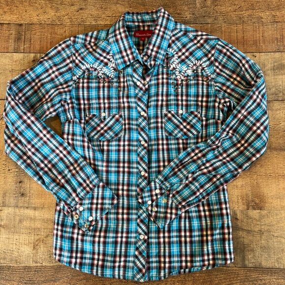 Panhandle Slim Blue Turquoise Plaid Medium Pearl Snap Western Shirt Embroidered - Picture 7 of 9